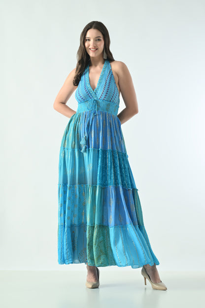 26427  Bohemian Patchwork Halter Maxi Dress – Pink Multi Print