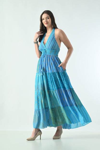 26427  Bohemian Patchwork Halter Maxi Dress – Pink Multi Print