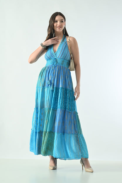 26427  Bohemian Patchwork Halter Maxi Dress – Pink Multi Print