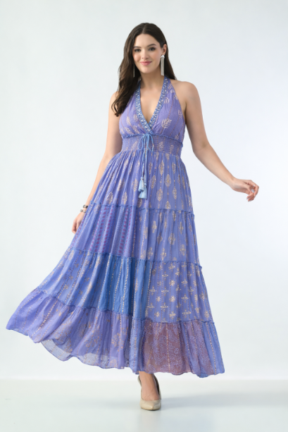 26427  Bohemian Patchwork Halter Maxi Dress – Pink Multi Print