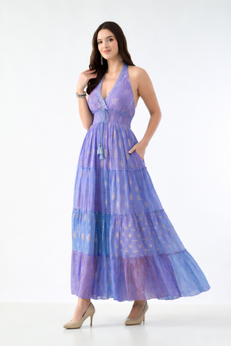 26427  Bohemian Patchwork Halter Maxi Dress – Pink Multi Print