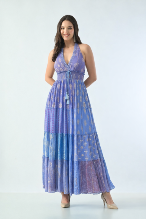 26427  Bohemian Patchwork Halter Maxi Dress – Pink Multi Print