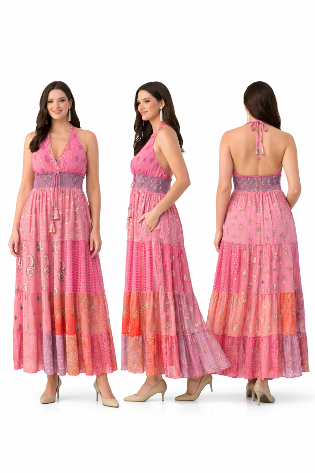 26427  Bohemian Patchwork Halter Maxi Dress – Pink Multi Print