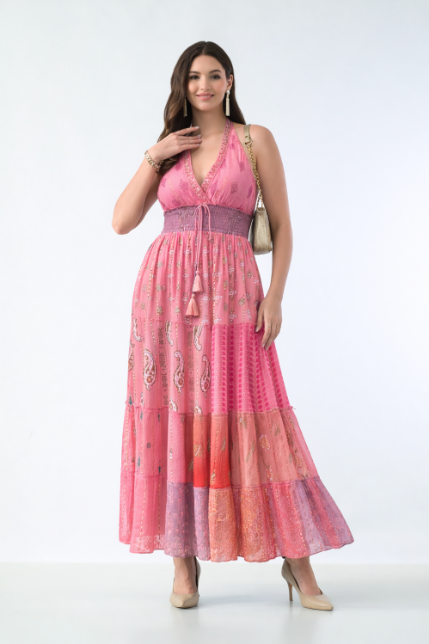 26427  Bohemian Patchwork Halter Maxi Dress – Pink Multi Print