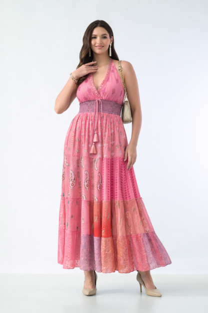 26427  Bohemian Patchwork Halter Maxi Dress – Pink Multi Print