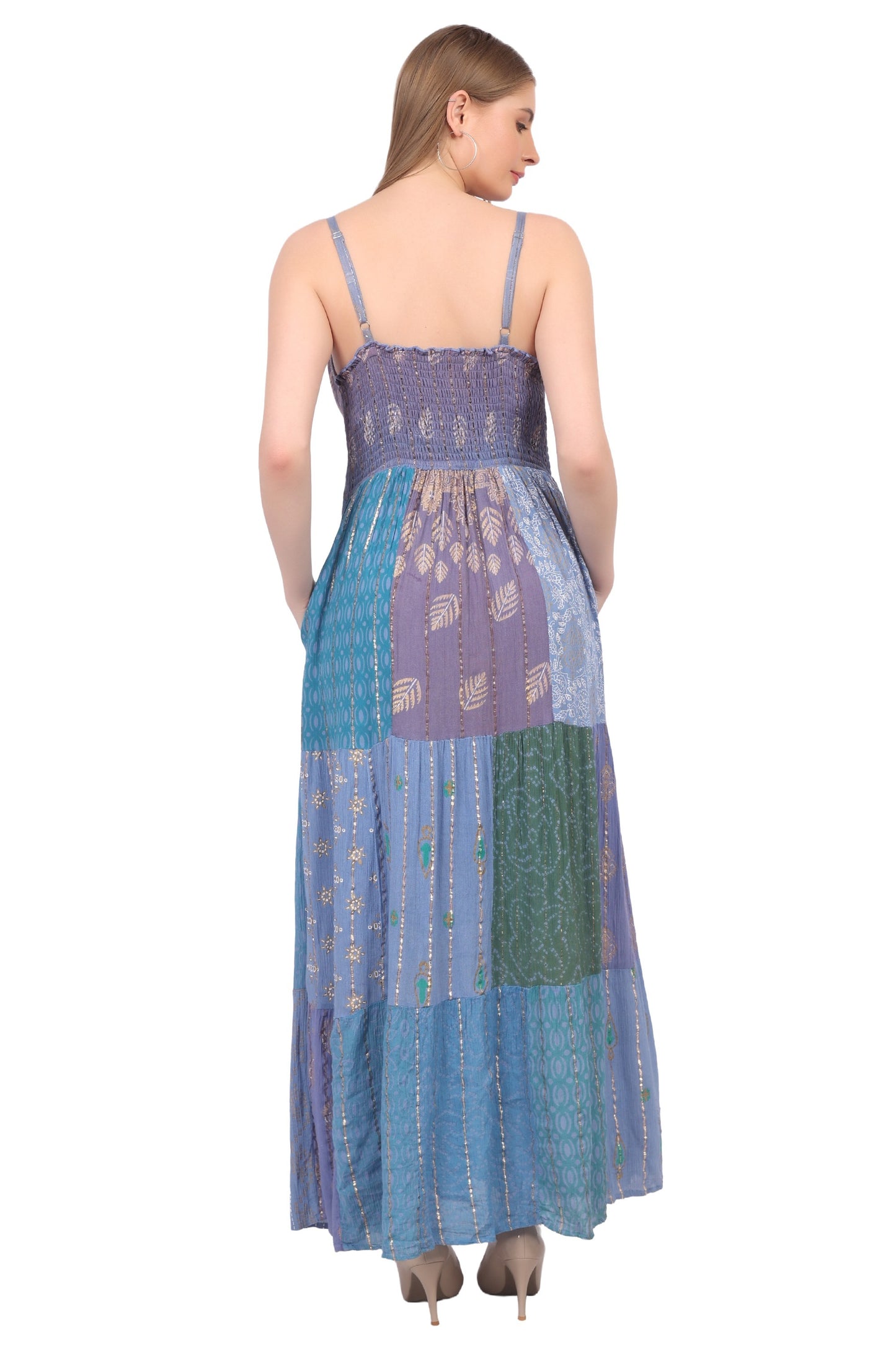 26428  Bohemian Patchwork Maxi Dress – Blue Multi Print Halter Dress
