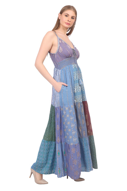 26428  Bohemian Patchwork Maxi Dress – Blue Multi Print Halter Dress