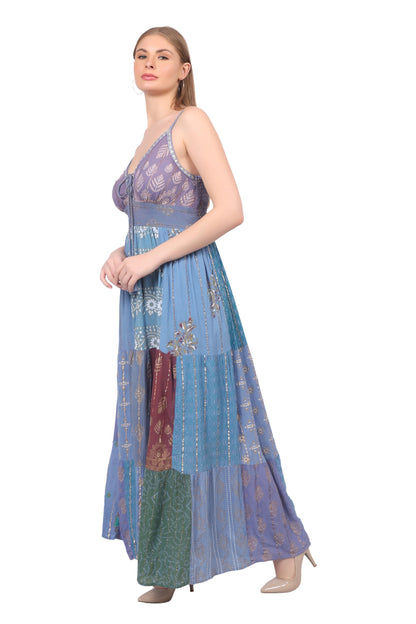 26428  Bohemian Patchwork Maxi Dress – Blue Multi Print Halter Dress