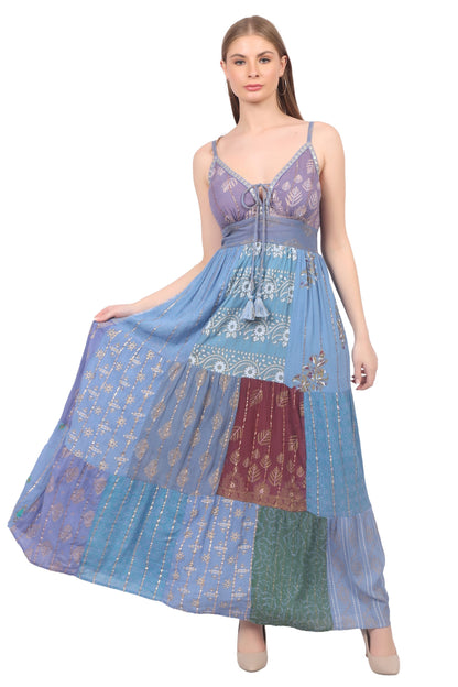 26428  Bohemian Patchwork Maxi Dress – Blue Multi Print Halter Dress