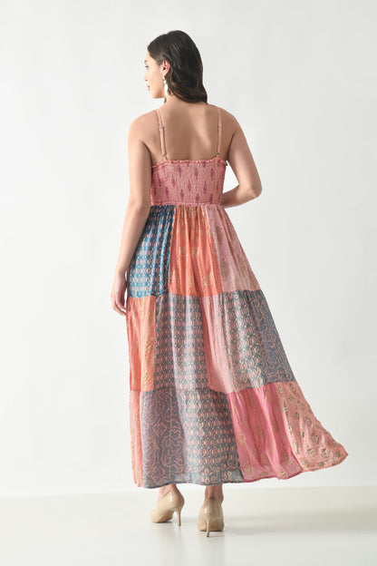 26428  Bohemian Patchwork Maxi Dress – Blue Multi Print Halter Dress