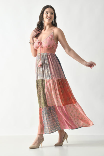 26428  Bohemian Patchwork Maxi Dress – Blue Multi Print Halter Dress