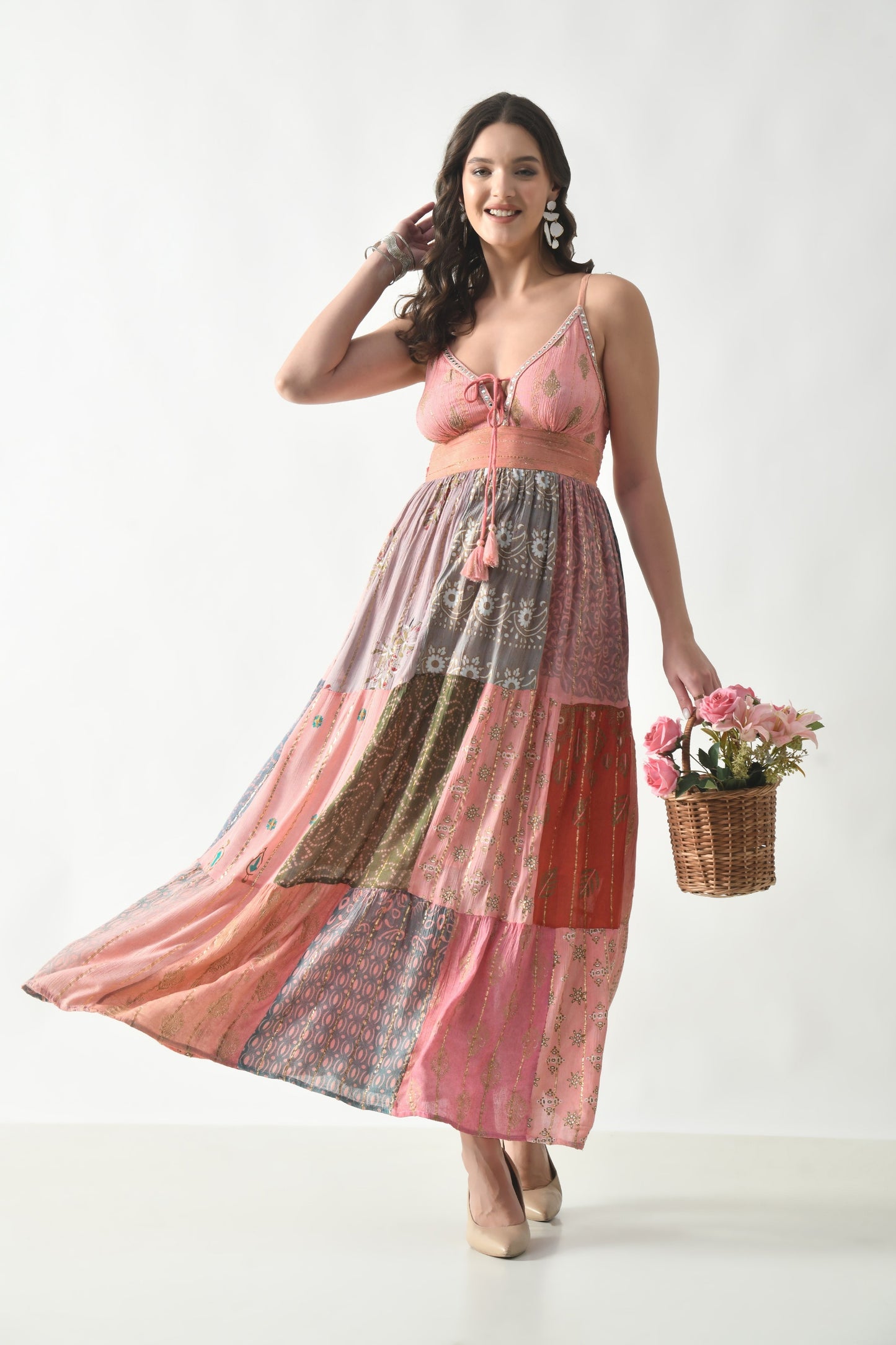 26428  Bohemian Patchwork Maxi Dress – Blue Multi Print Halter Dress