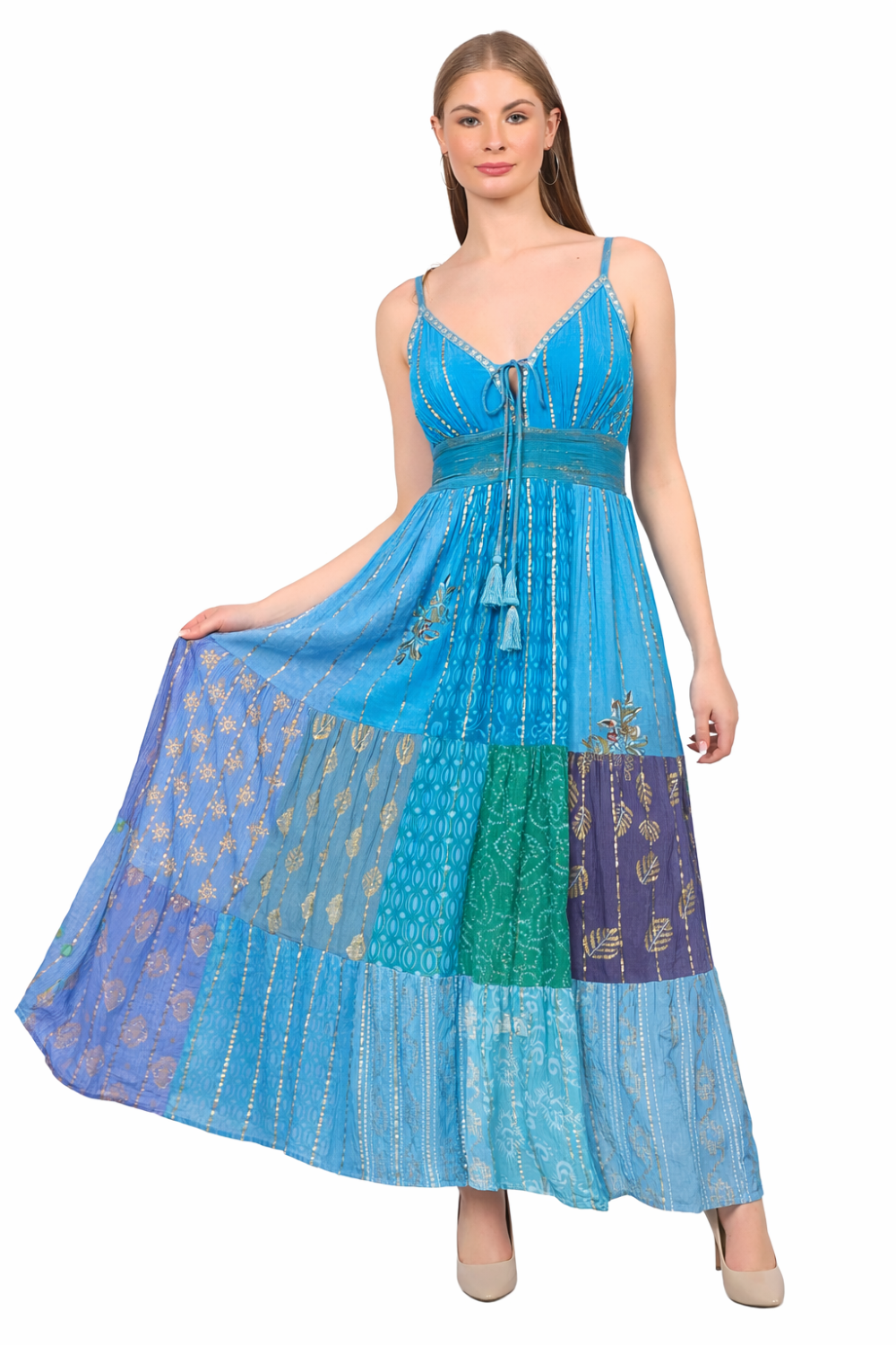 26428  Bohemian Patchwork Maxi Dress – Blue Multi Print Halter Dress