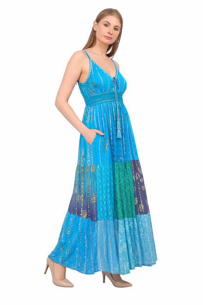 26428  Bohemian Patchwork Maxi Dress – Blue Multi Print Halter Dress