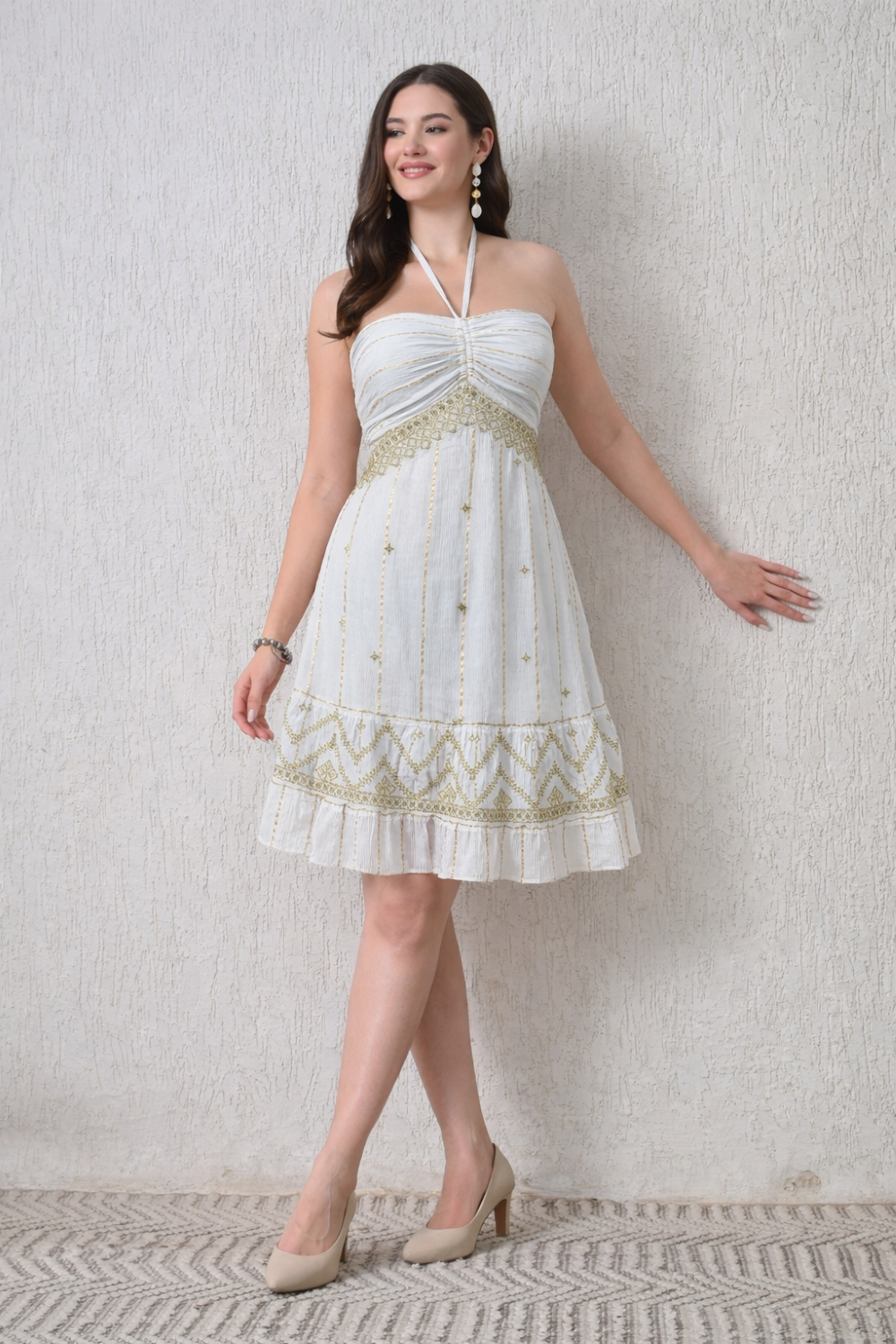 26441 Embroidered Halter Mini Dress – Boho Metallic Detail Dress