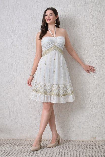 26441 Embroidered Halter Mini Dress – Boho Metallic Detail Dress