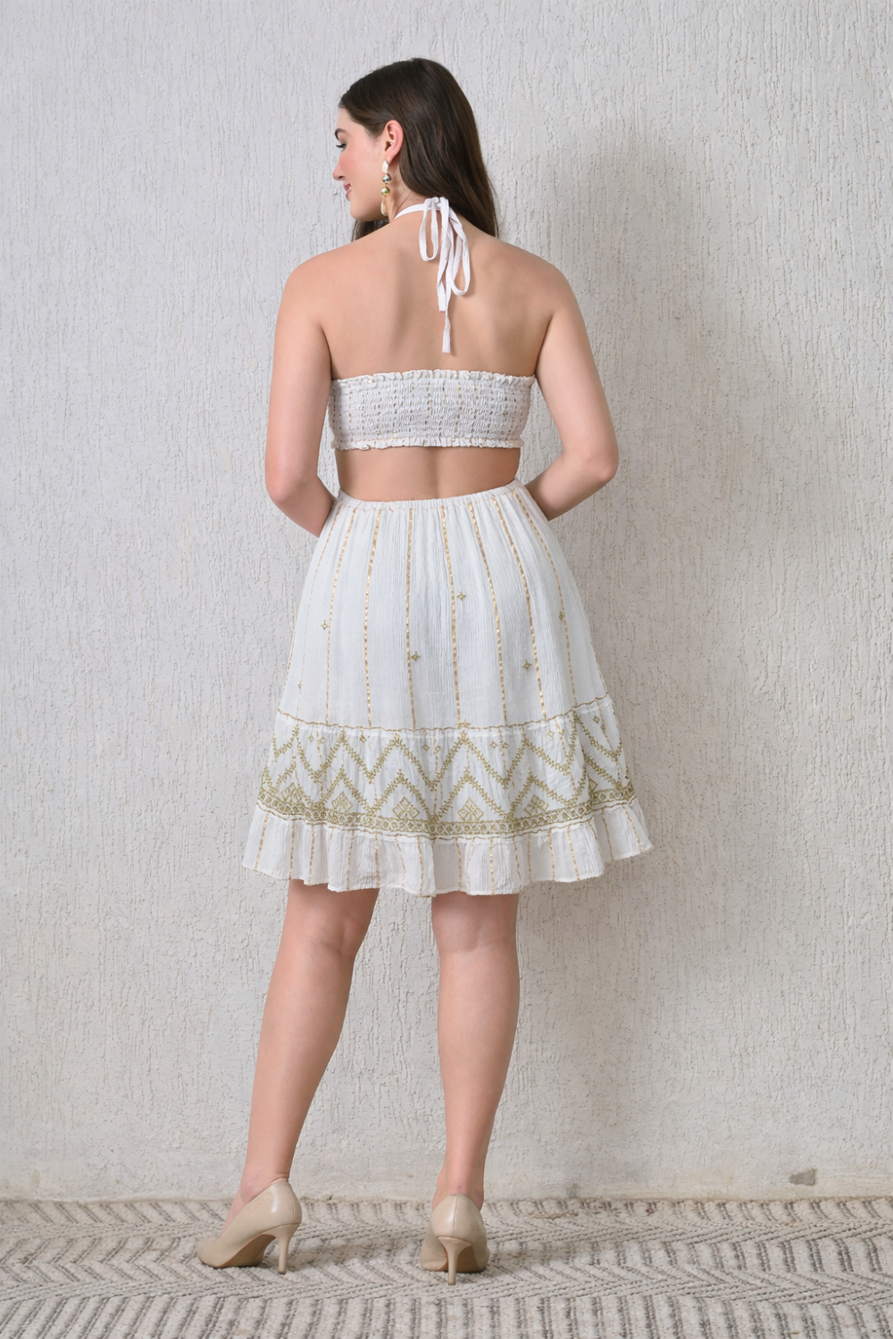 26441 Embroidered Halter Mini Dress – Boho Metallic Detail Dress