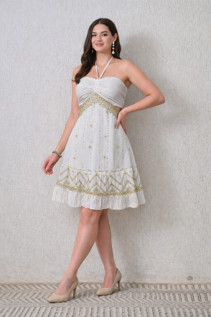 26441 Embroidered Halter Mini Dress – Boho Metallic Detail Dress