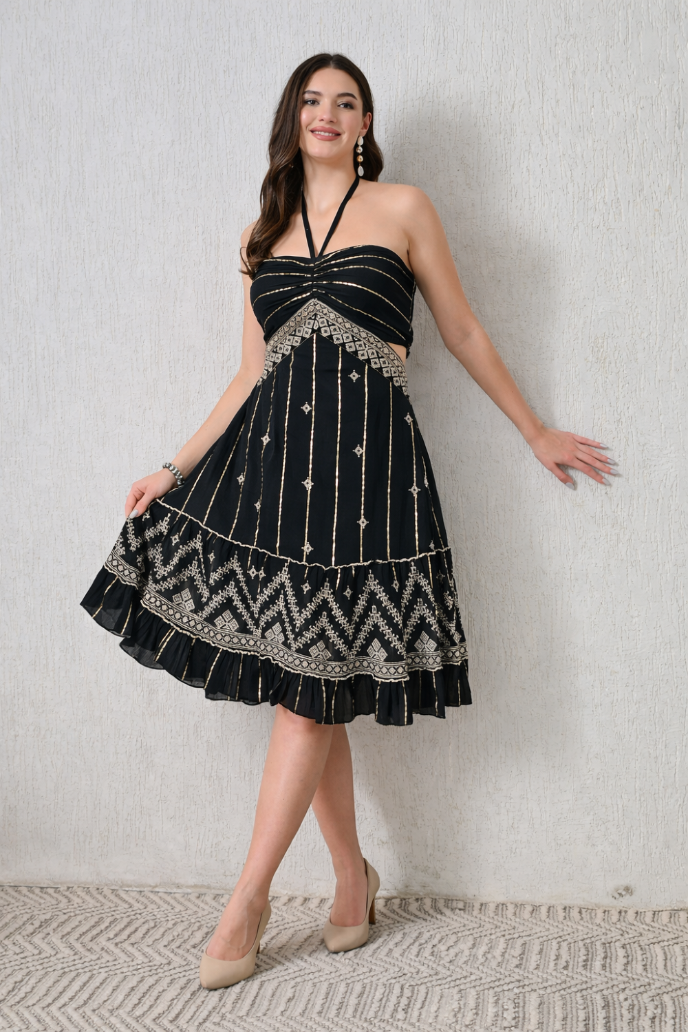 26441 Embroidered Halter Mini Dress – Boho Metallic Detail Dress