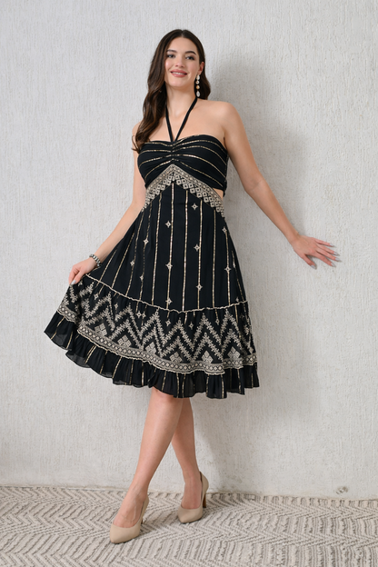 26441 Embroidered Halter Mini Dress – Boho Metallic Detail Dress