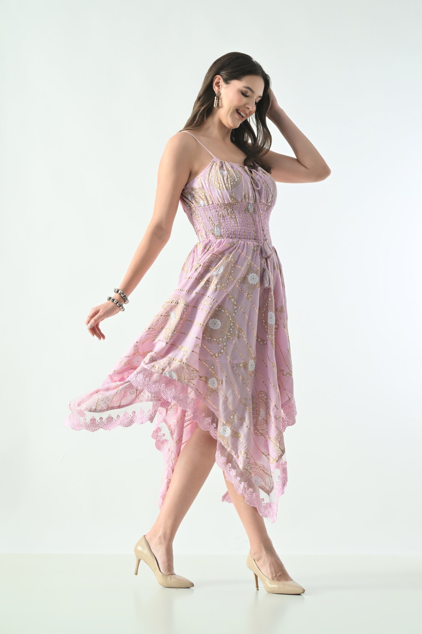 26429  Bohemian Asymmetrical Lace Hem Dress –  Gold Celestial Print