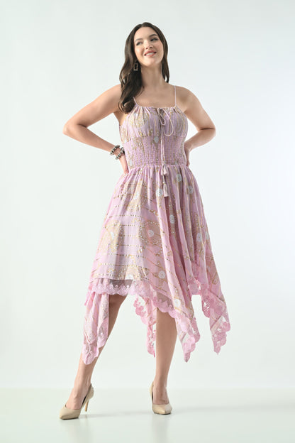 26429  Bohemian Asymmetrical Lace Hem Dress –  Gold Celestial Print