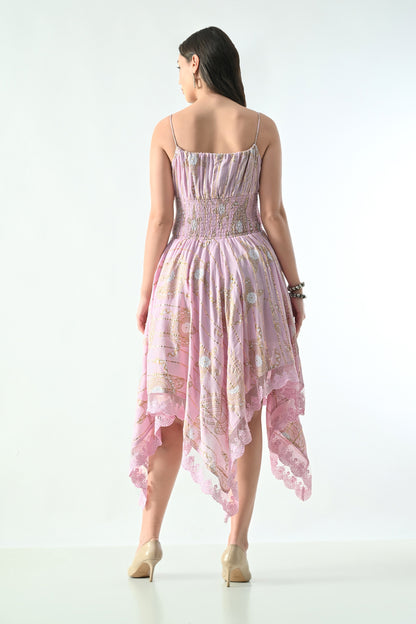 26429  Bohemian Asymmetrical Lace Hem Dress –  Gold Celestial Print