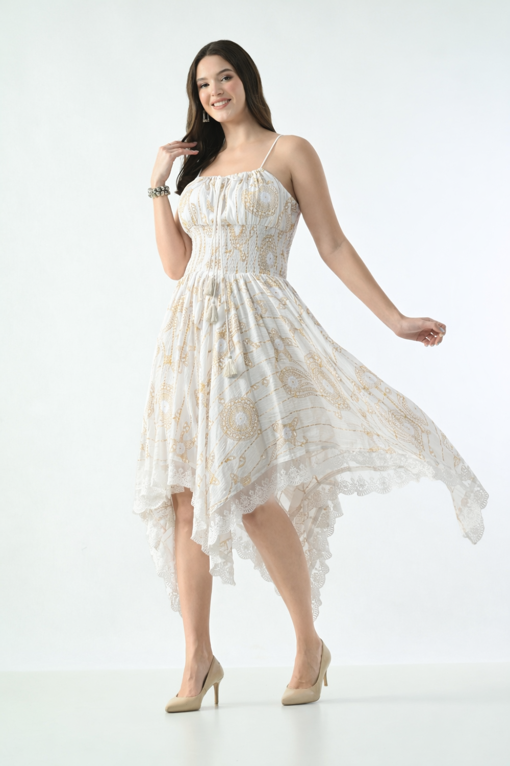 26429  Bohemian Asymmetrical Lace Hem Dress –  Gold Celestial Print