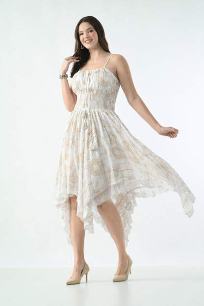 26429  Bohemian Asymmetrical Lace Hem Dress –  Gold Celestial Print