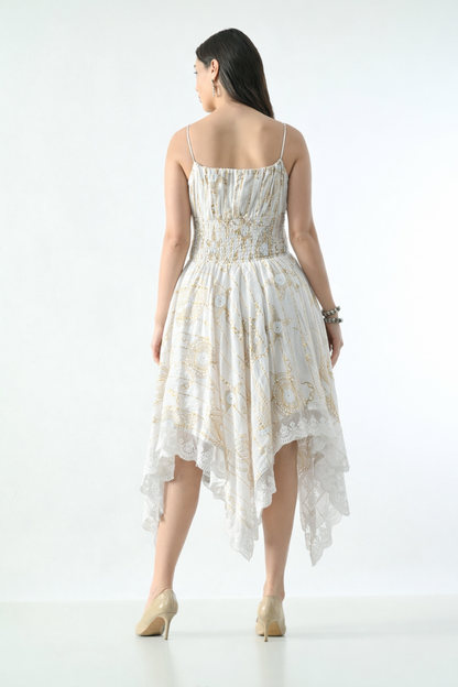26429  Bohemian Asymmetrical Lace Hem Dress –  Gold Celestial Print
