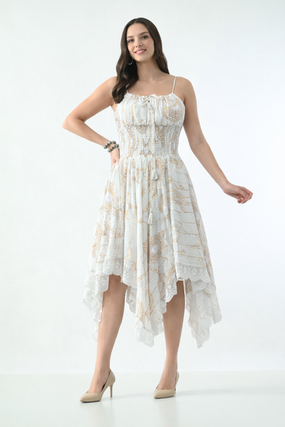 26429  Bohemian Asymmetrical Lace Hem Dress –  Gold Celestial Print