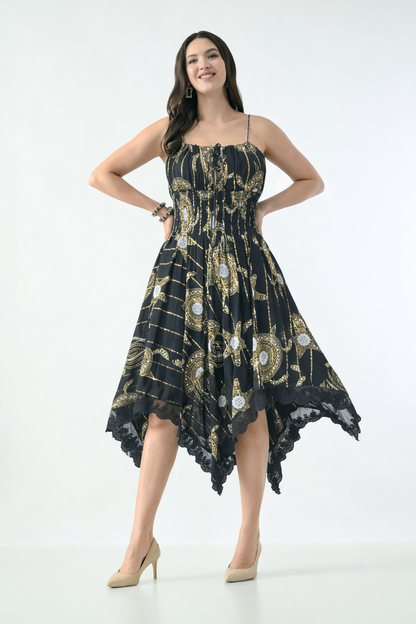 26429  Bohemian Asymmetrical Lace Hem Dress –  Gold Celestial Print
