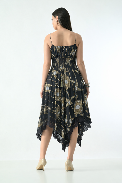 26429  Bohemian Asymmetrical Lace Hem Dress –  Gold Celestial Print