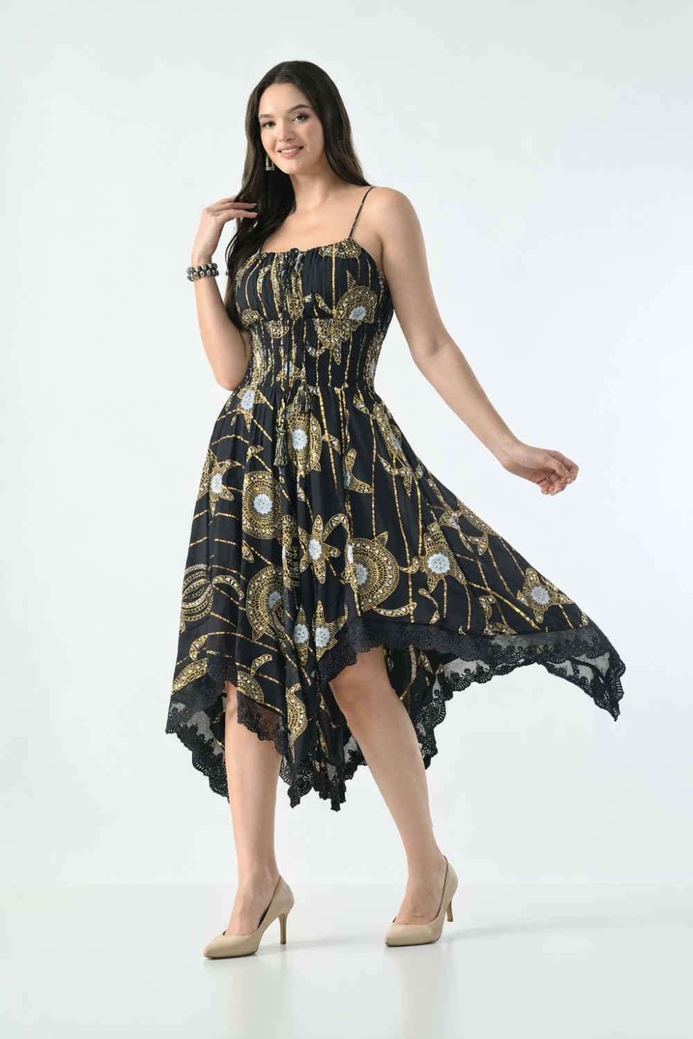 26429  Bohemian Asymmetrical Lace Hem Dress –  Gold Celestial Print