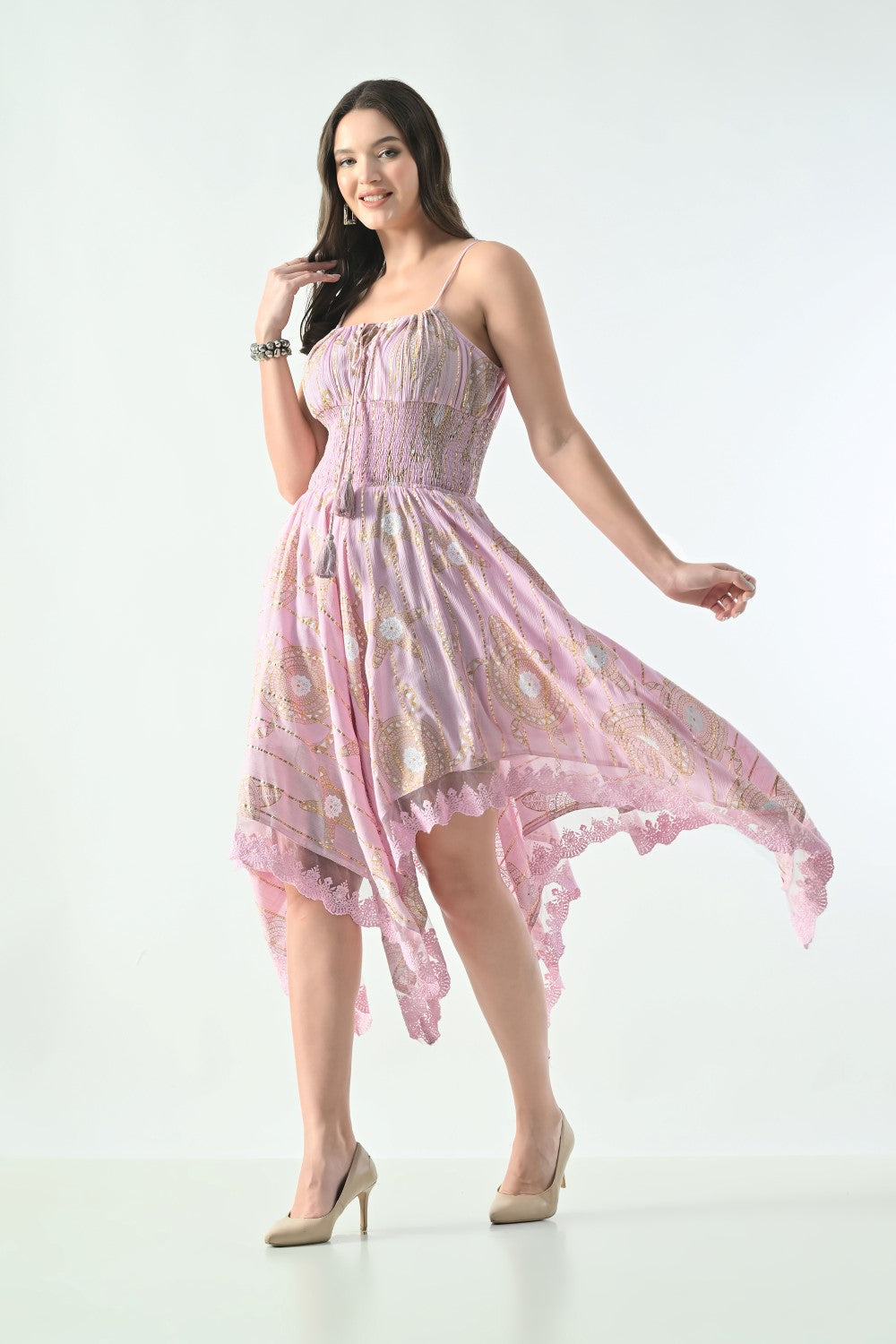 26429  Bohemian Asymmetrical Lace Hem Dress –  Gold Celestial Print