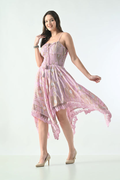 26429  Bohemian Asymmetrical Lace Hem Dress –  Gold Celestial Print