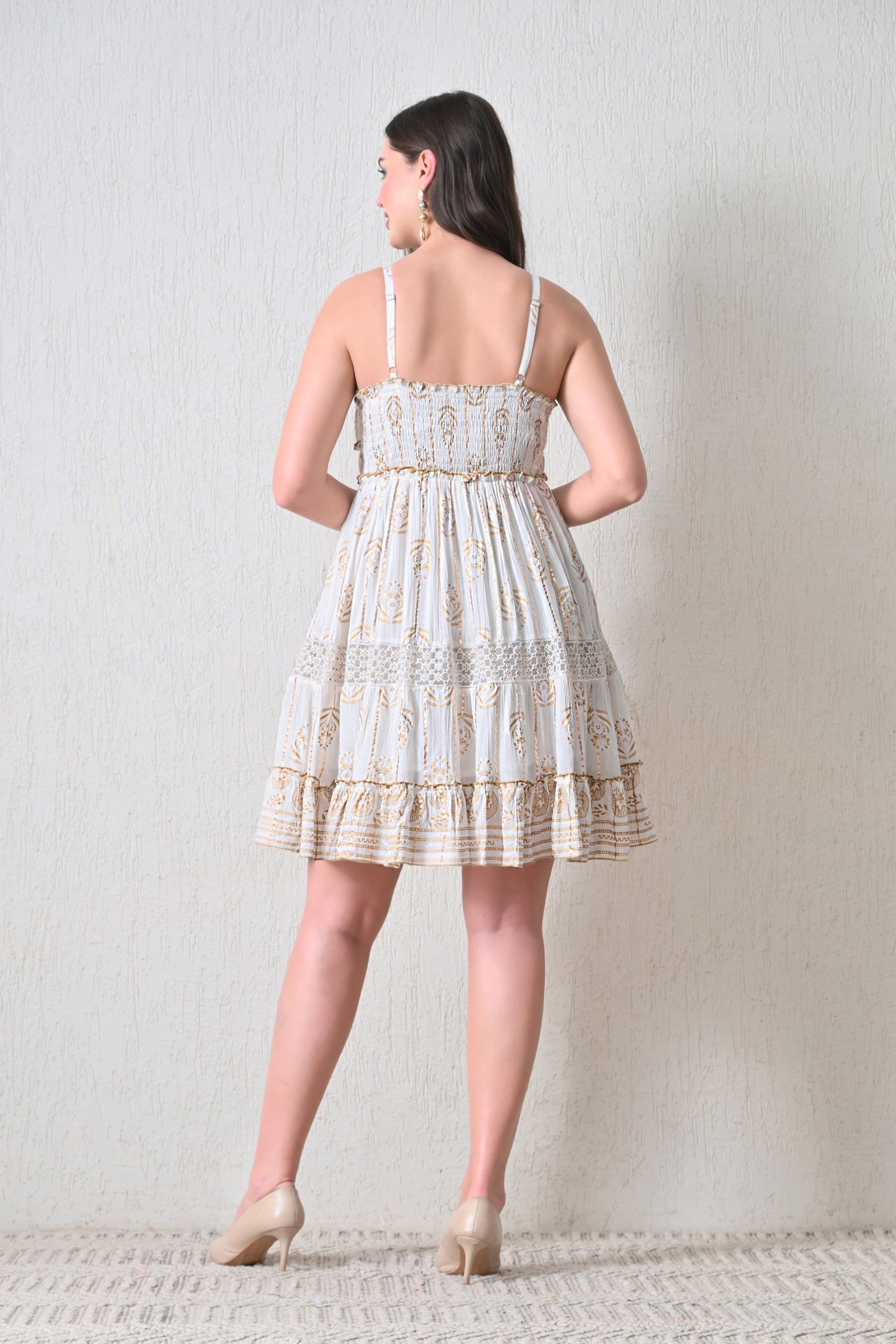 26446  Bohemian Gold Print Tiered Sundress – Gold print  Mini Dress