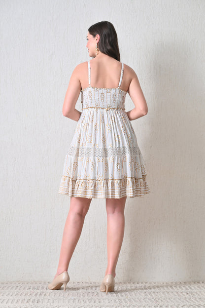 26446  Bohemian Gold Print Tiered Sundress – Gold print  Mini Dress