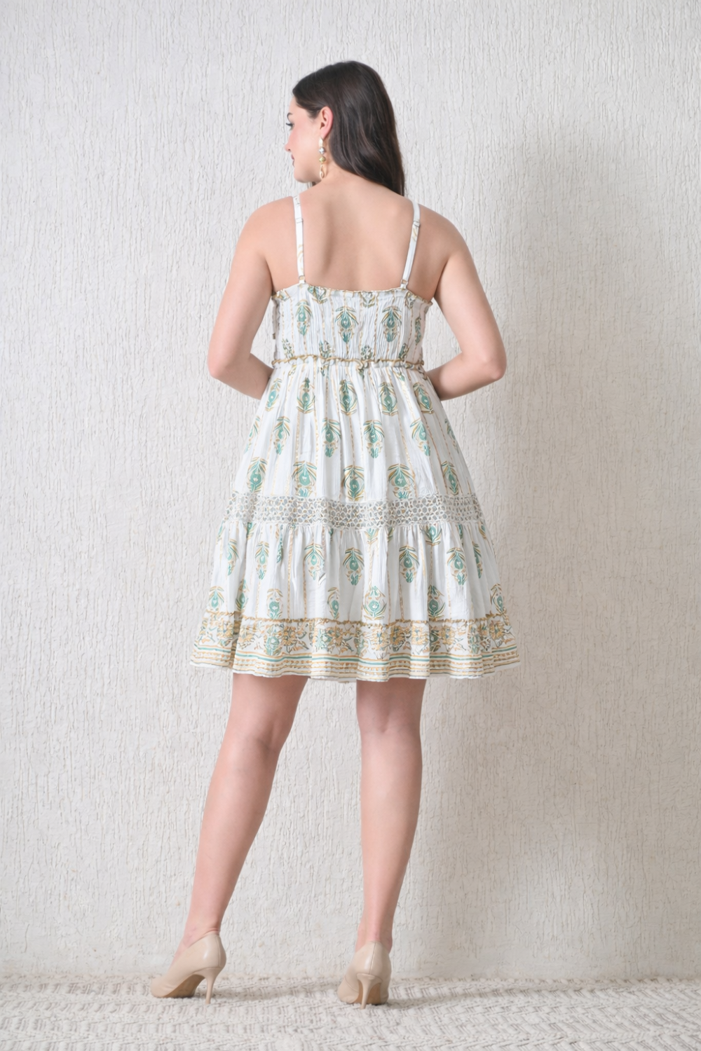 26446  Bohemian Gold Print Tiered Sundress – Gold print  Mini Dress