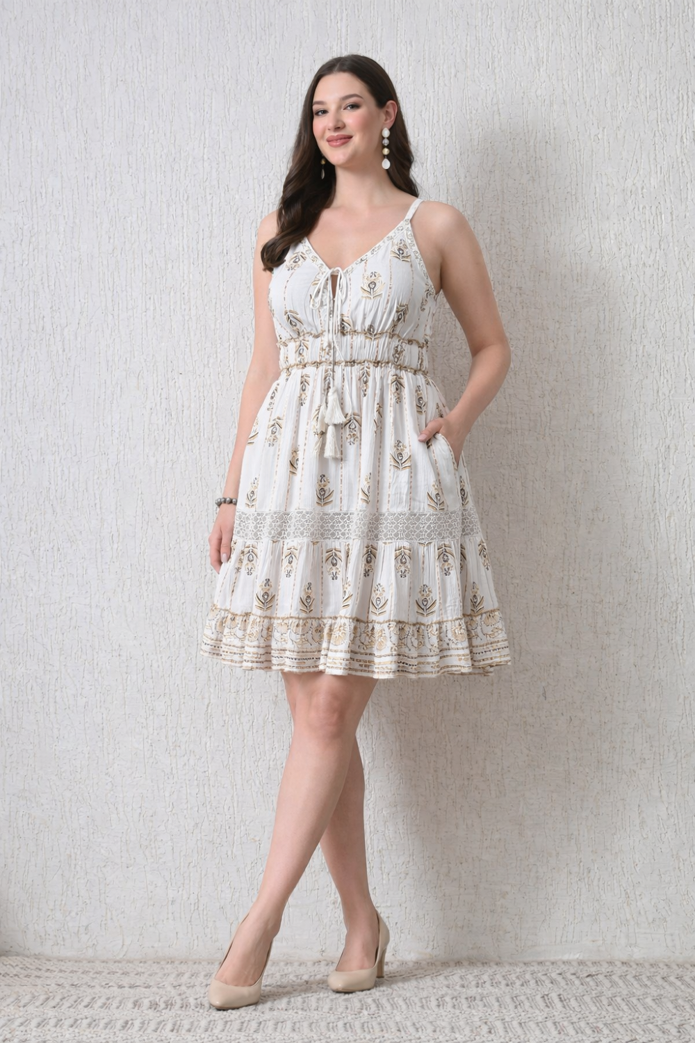 26446  Bohemian Gold Print Tiered Sundress – Gold print  Mini Dress