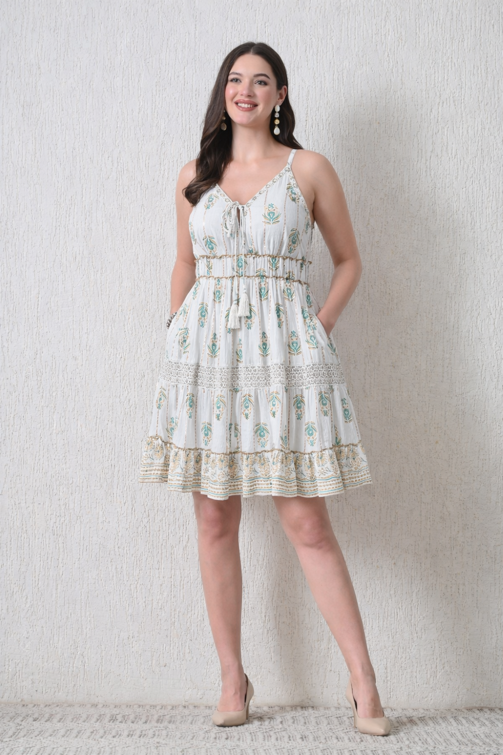 26446  Bohemian Gold Print Tiered Sundress – Gold print  Mini Dress