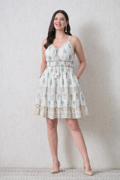26446  Bohemian Gold Print Tiered Sundress – Gold print  Mini Dress