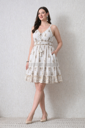 26446  Bohemian Gold Print Tiered Sundress – Gold print  Mini Dress