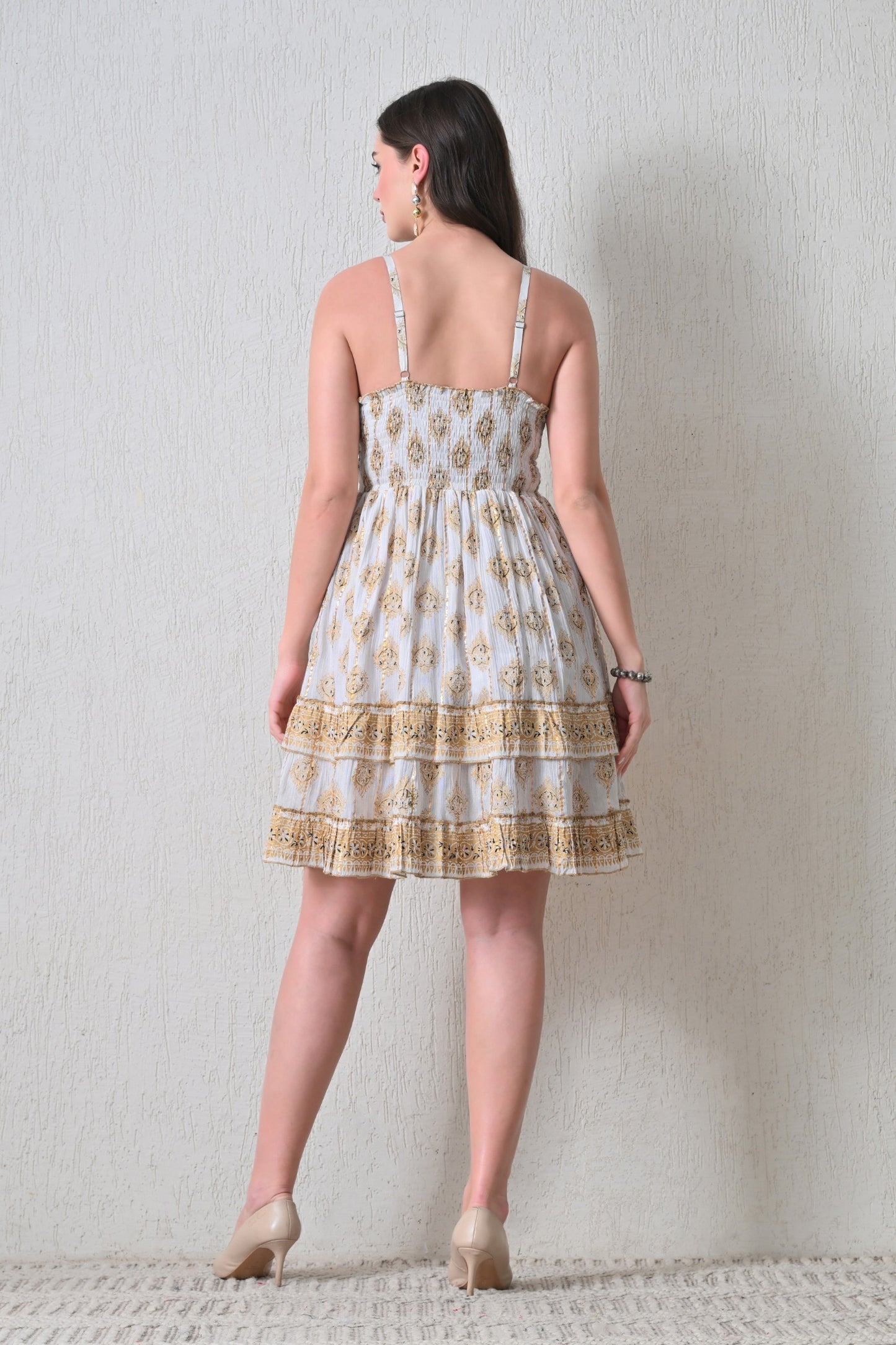 26449 Bohemian Printed Smocked Waist Sundress with Tassel Tie