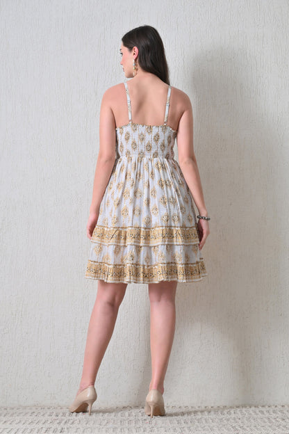 26449 Bohemian Printed Smocked Waist Sundress with Tassel Tie