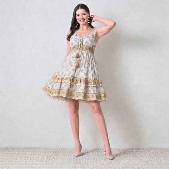 26449 Bohemian Printed Smocked Waist Sundress with Tassel Tie