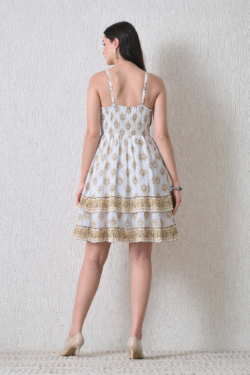 26449 Bohemian Printed Smocked Waist Sundress with Tassel Tie