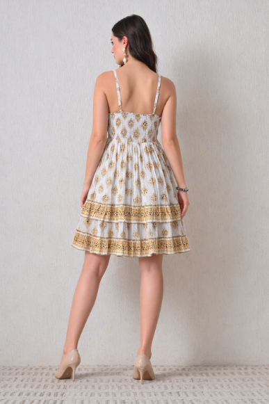 26449 Bohemian Printed Smocked Waist Sundress with Tassel Tie