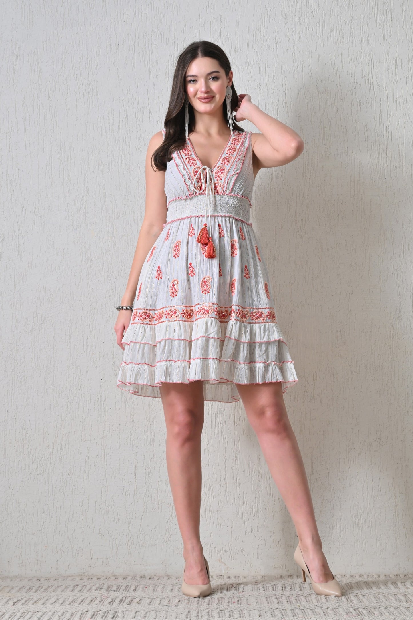 26452 Boho  Embroidered Smocked Waist Mini Dress