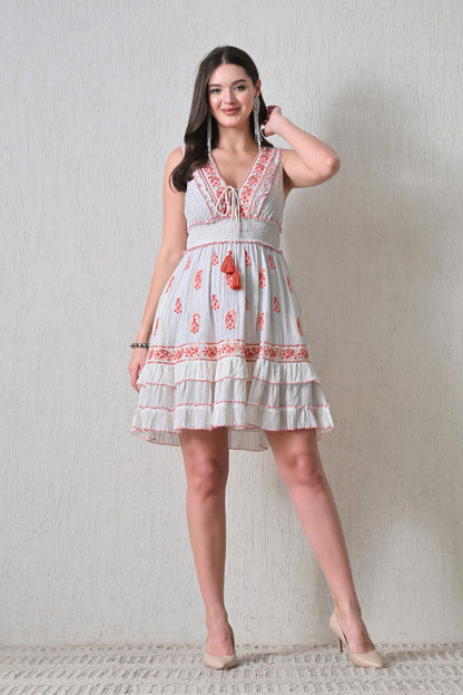 26452 Boho  Embroidered Smocked Waist Mini Dress